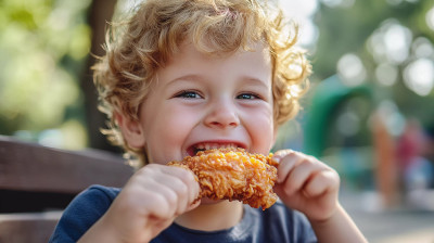 Young boy happily eating a piece of fried chicken